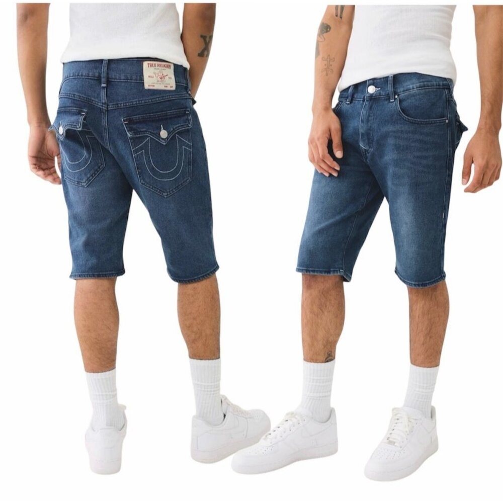 True Religion Mens Ricky Relaxed Straight Denim Shorts Dark Lagoon Wash Size 40